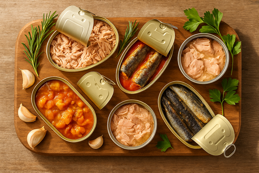 Mix of canned fish opened cans on the wooden table